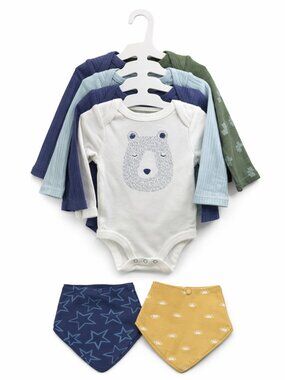 NB Bear Onesies 4‑Pack + 2 Bibs | 100% Cotton Oeko‑Tex Baby Bodysuits